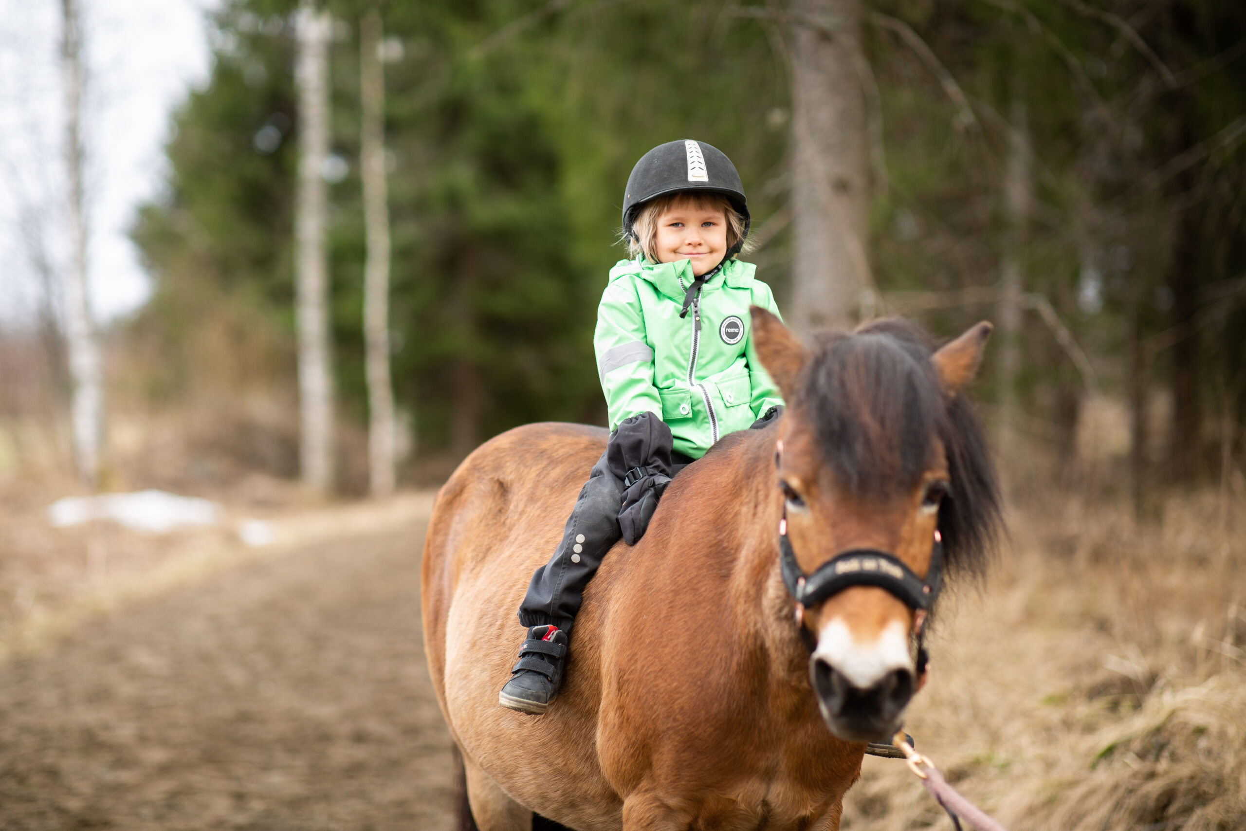 Tyttö istuu hevosen selässä metsäpolulla.