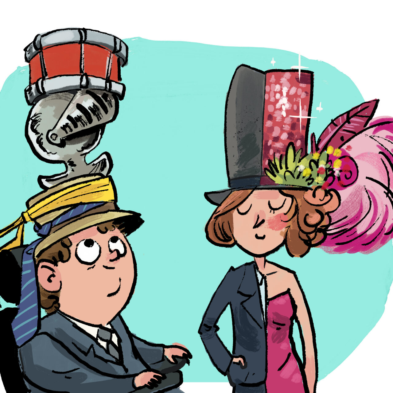 Kuvituskuva, jossa nainen ja mies ovat pukeutuneet erikoisin päähinein.