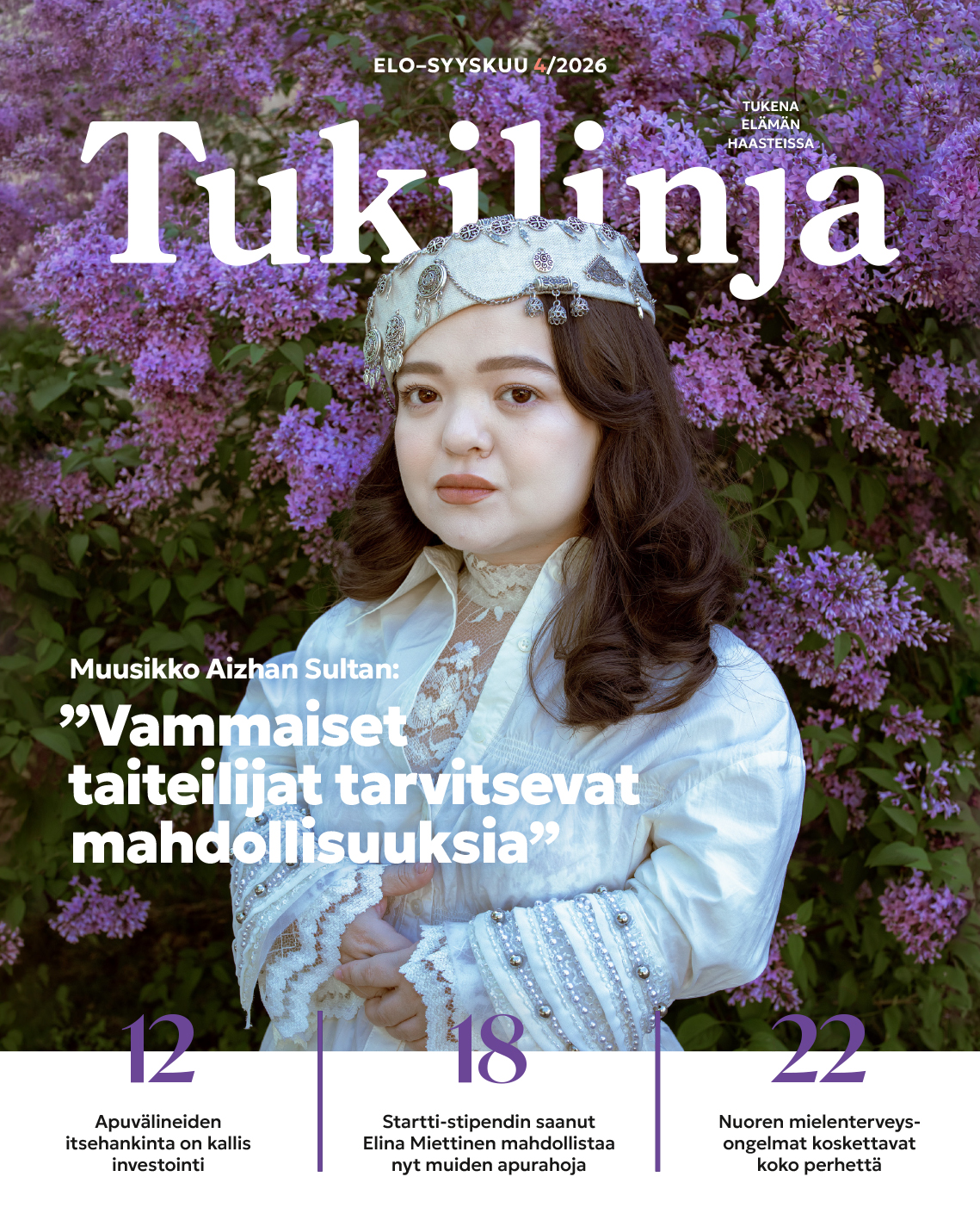 Tukilinja-lehden 4/2026 kansi. Kuvassa muusikko Aizhan Sultan.