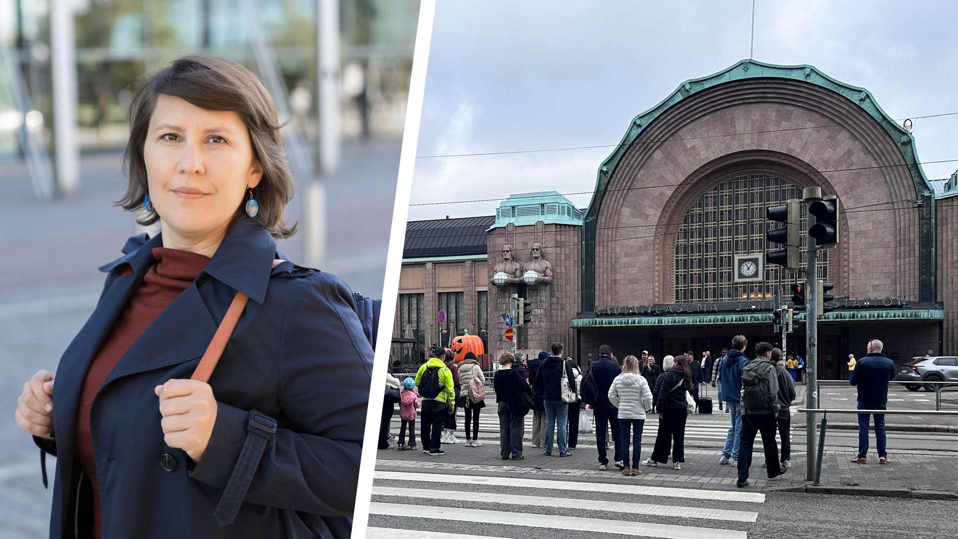 Kuvapari, jossa vasemmalla Veera Florican potrettikuva ja oikealla suojatieristeys Helsingin rautatieaseman edestä.